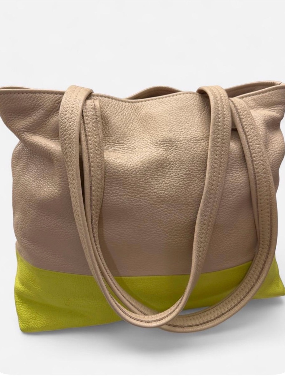 Free People FP Beige Neon Yellow Leather Tote Bag